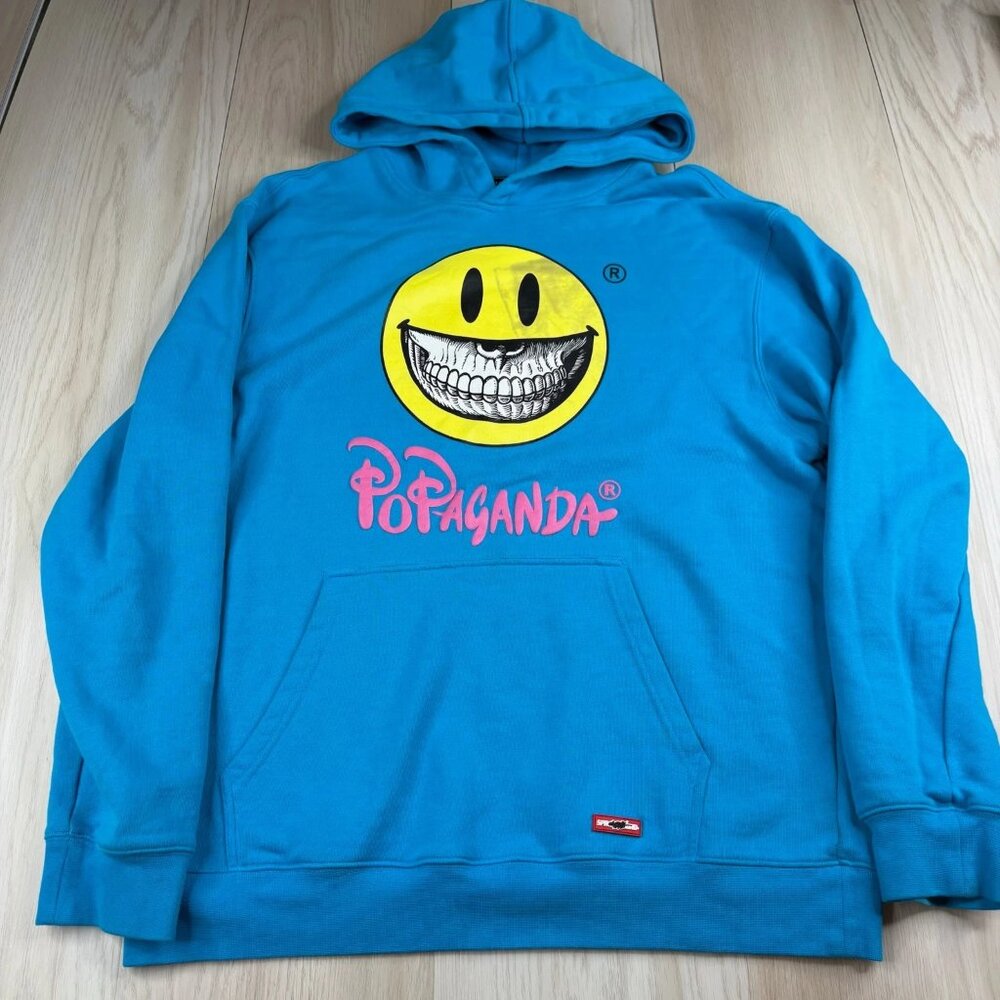 Sprayground Mens Blue Popaganda Ron English Smiley Big Grin Graphic Hoodie Sz L